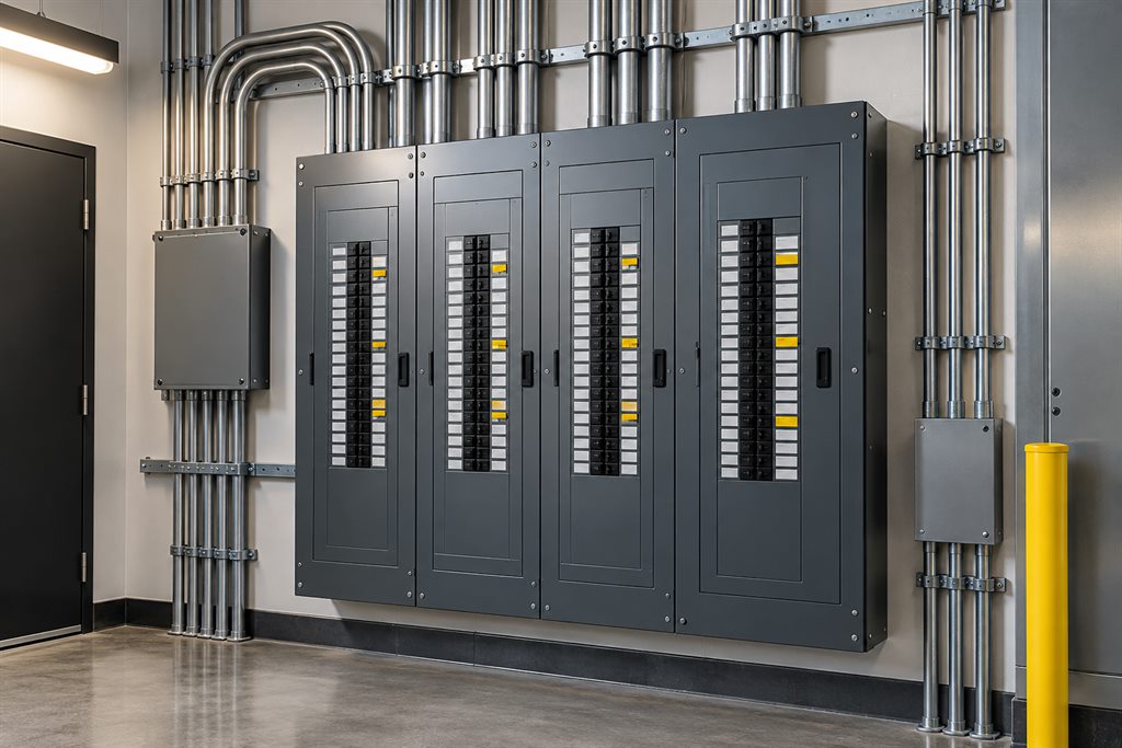 Quadro de distribuição e eletrodutos organizados em instalação comercial