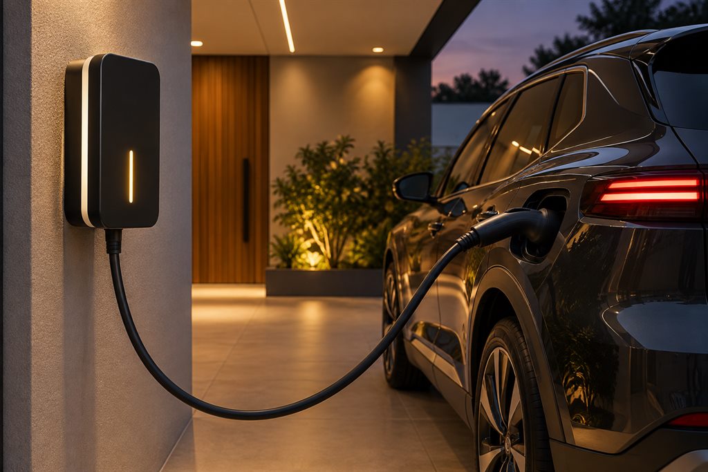 Carregador residencial para veículo elétrico instalado ao lado de um automóvel