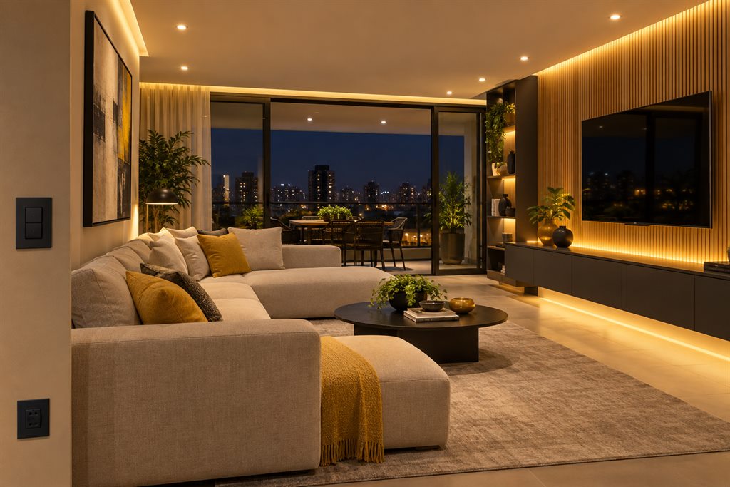 Iluminação LED instalada em uma sala residencial contemporânea